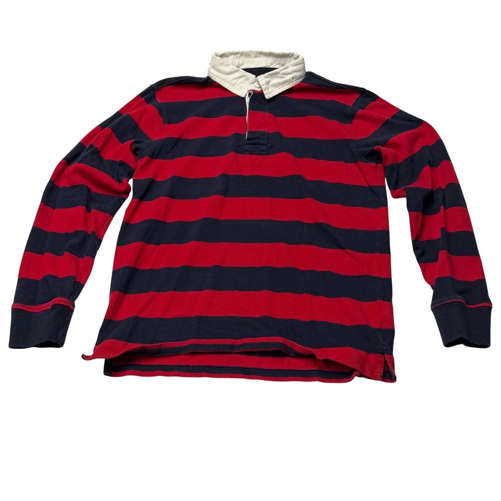Lands End Rugby Shirt Kids L 14-16 Red Navy Blue Striped Long Sleeve Preppy